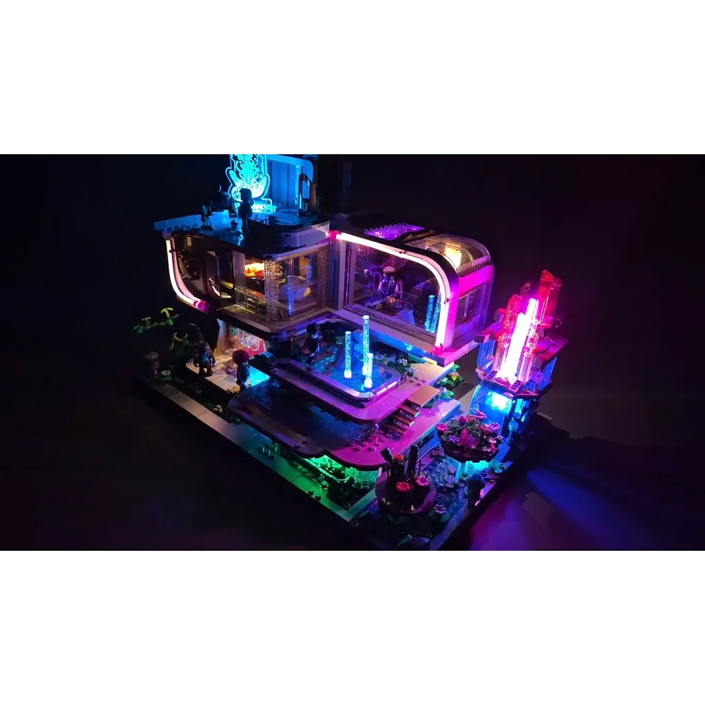 Lumibricks Neon Elite Lounge 17013 et Neon Garden 17014 côte à côte, allumés